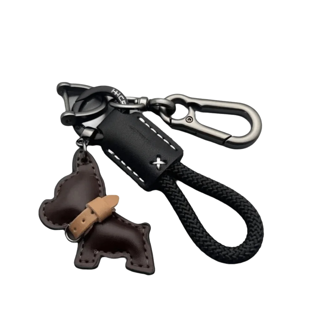 Multi-Use Bulldog Leather Keychain Braided Rope D Buckle Swivel Clasp Keyring Cartoon Puppy Thick Rope Bag Charm Gift for Ladies
