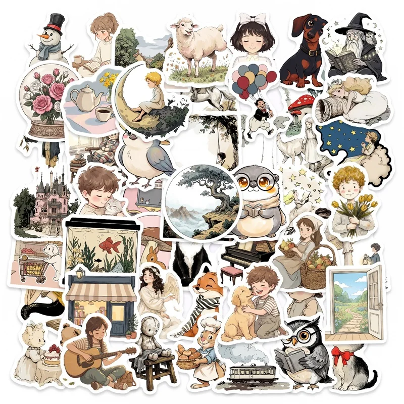 

56PCS Ink-Wash Fairy Tale World Sticky Sticker Aesthetic DIY PVC Decoration Phone Laptop Luggage Skateboard Graffiti Decals