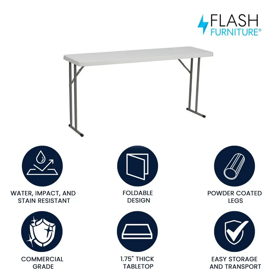 Kathryn 5 Rectangular Plastic Folding Table, Long Plastic Foldable Table for Indoor Outdoor Events, White