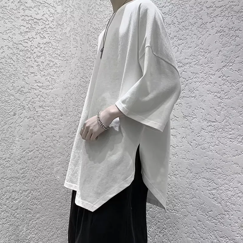 Summer Oversized T-shirt Solid Round Neck Loose Side Split T Shirt for Men Harajuku Half Sleeve Tee Simple Daily Tees