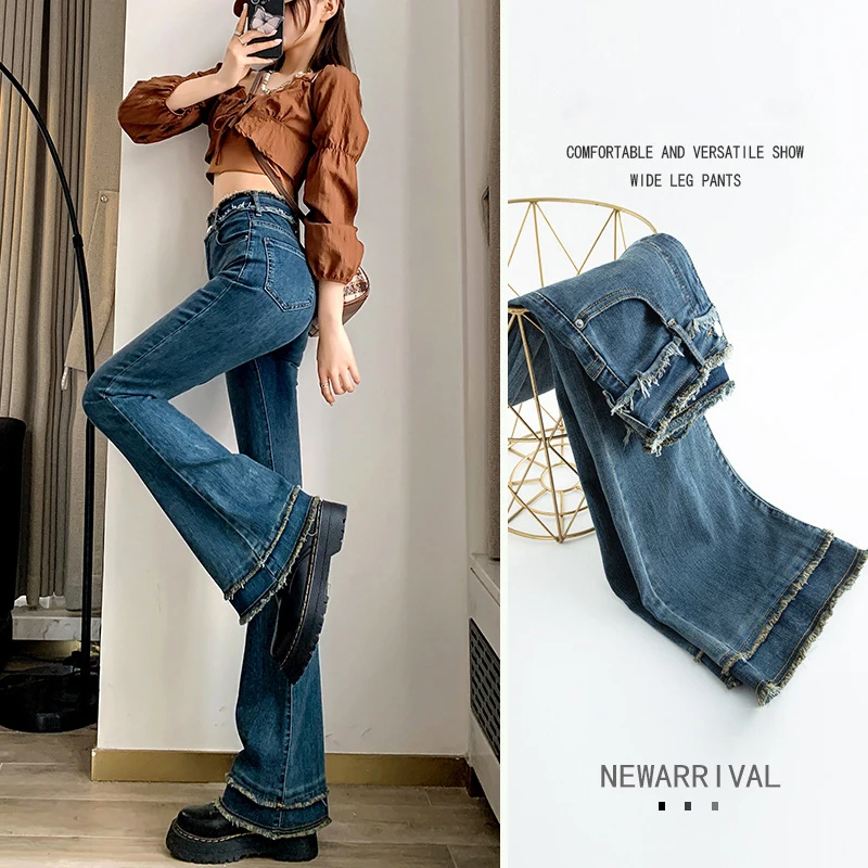 Women's Blue Black Flare Fit Slim Jeans Spring Autumn Korean Edition High Waist Slim Elastic Ragged Style Long Flare Pants