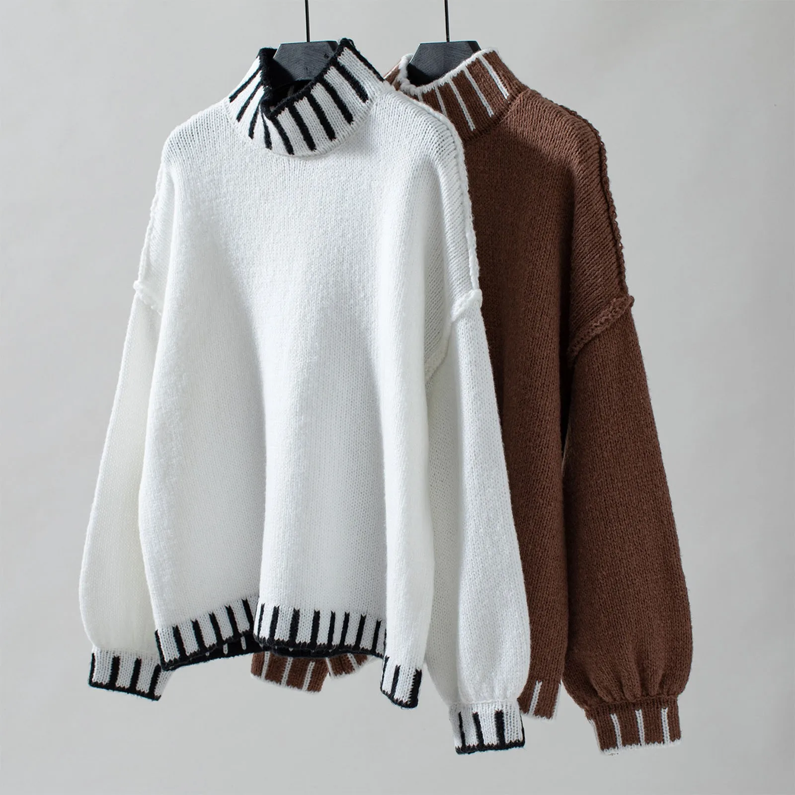 Striped Pullover High Neck Loose Plus Size Sweater Women Mock Turtleneck Sweater Sippers for Toddlers