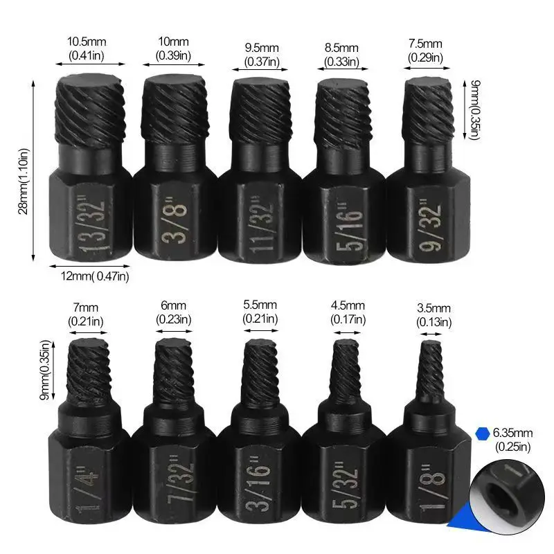 10Pcs Imperial Size Easy Out Screw Extractor Set Hex Shank Broken Stripped Hex Bolt Remover Repair Tool Kit