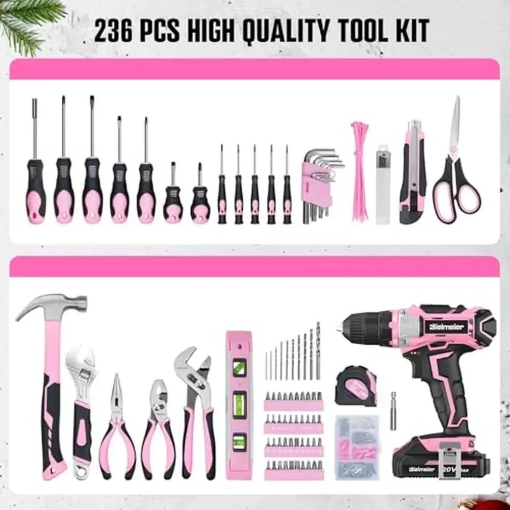 236PCS Pink Cordless Drill Set with Tool Bag Electric Drill Driver 2-Speed Settings 64 1 Torque Adjustments 20V Battery Powered