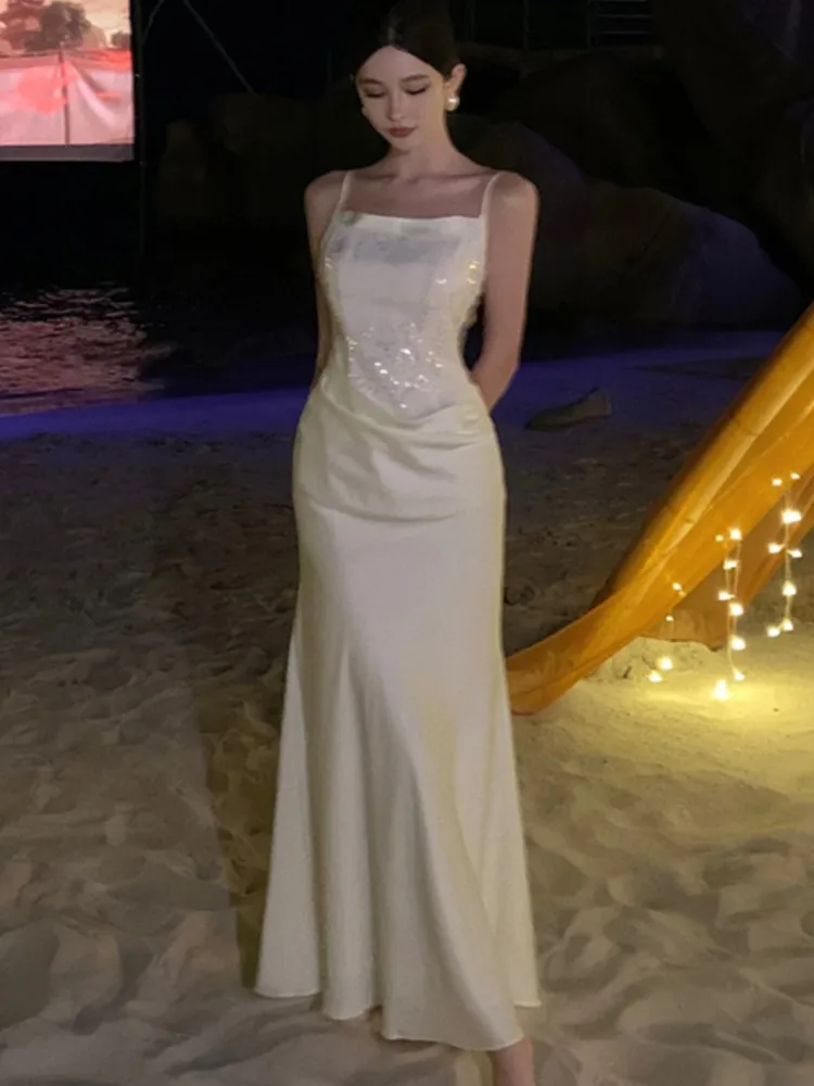 

Sexy Spaghetti Strap Womens Dresses French Elegant Slash Neck Evening Party Long Dress Summer Female Slim Vestidos Chic Robe New