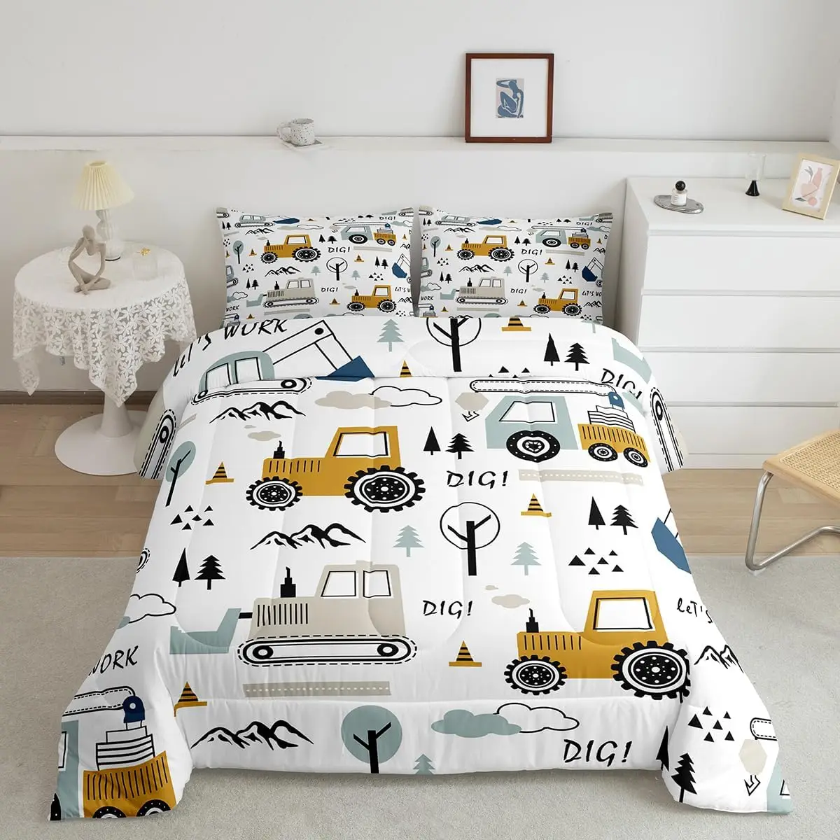 

Cartoon Car Kids Comforter Set Construction Bedding 3Pcs Full Size Boys Toddler Decor Trucks Excavator Tractor