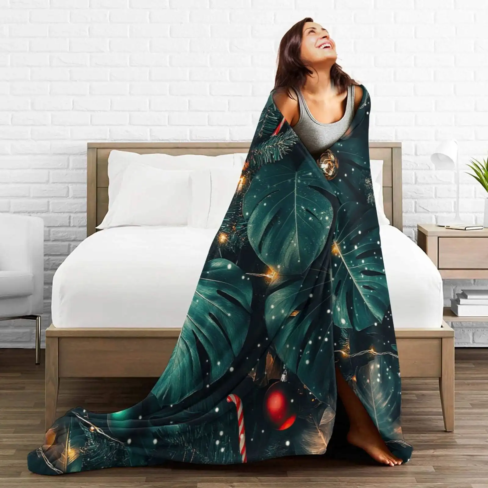 Christmas Monstera Throw Blanket Ultra Soft Cozy Decorative Flannel Blankets for Home Bed Couch Chair Travel 50x40
