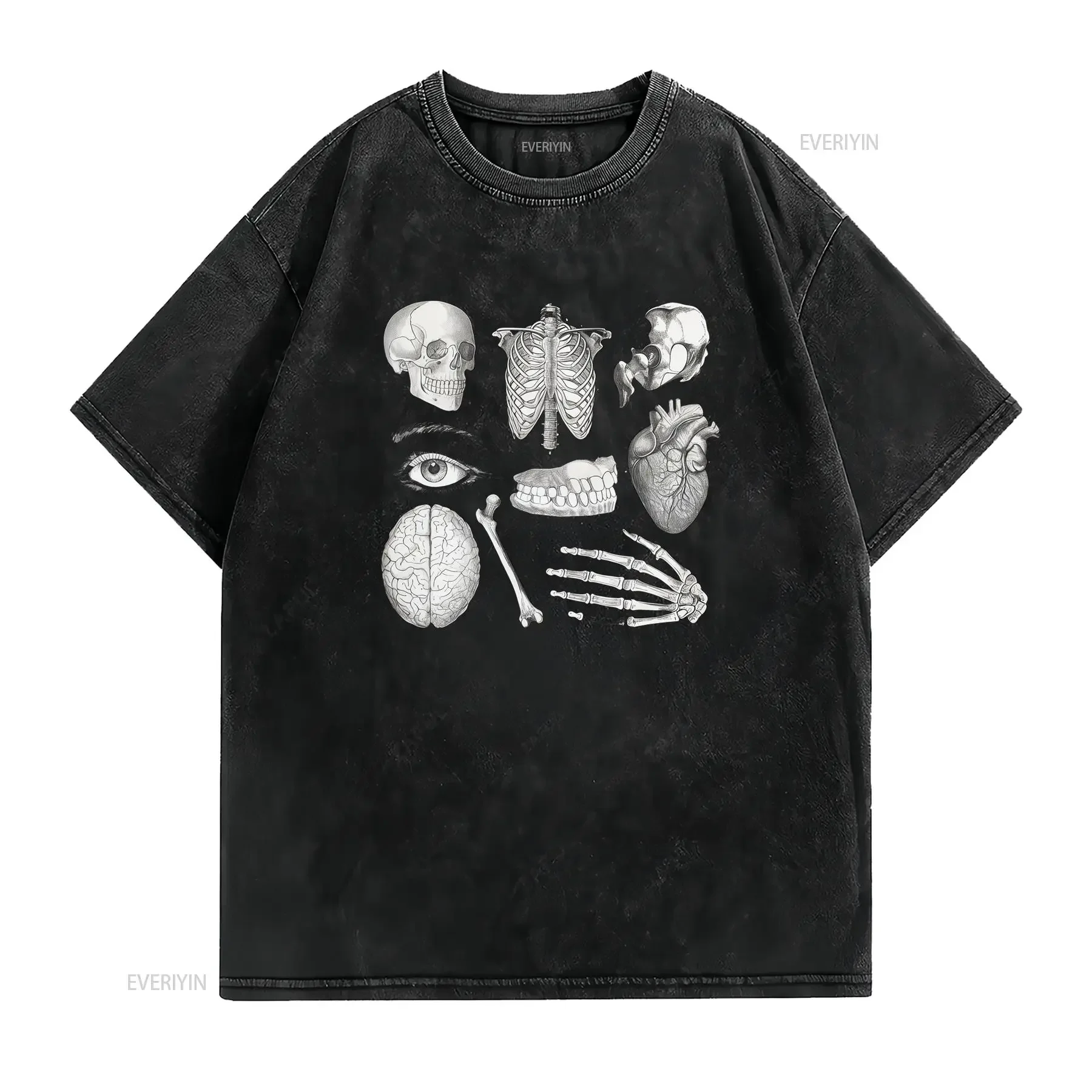 Gothic Human Anatomy Sketch Skeleton Organ Print Casual T Shirt vintage Washed Slightly streetwear Unisex designer clothes