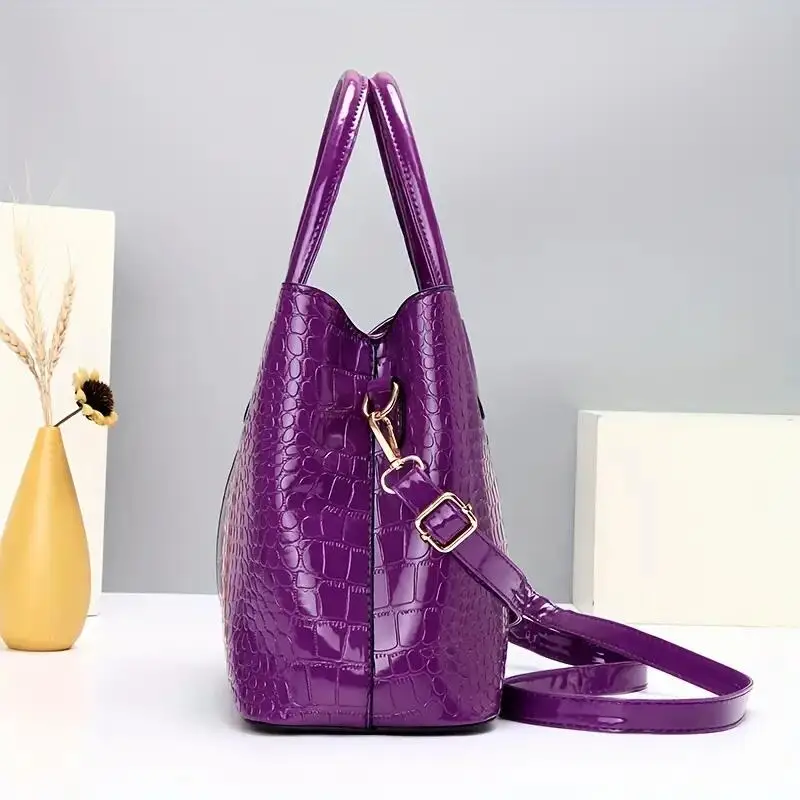 Chic Crocodile-Embossed Tote Bag Set for Women - Faux Leather, Includes Clutch Purse, Zip Closure, Available in Purple/Black