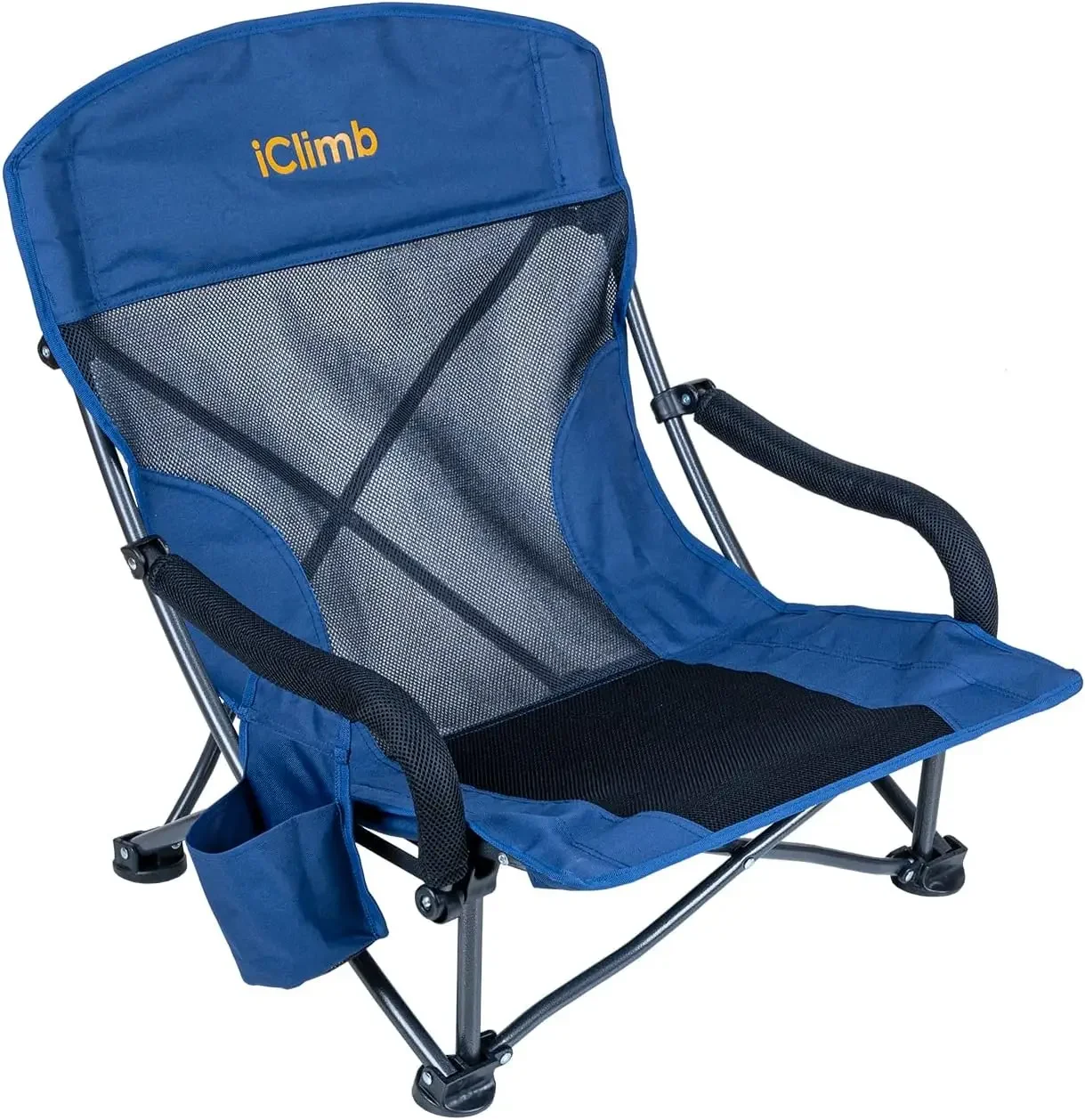 Low Wide Beach Camping Folding Chair with Side Pocket and Carry Bag (1, Navy)