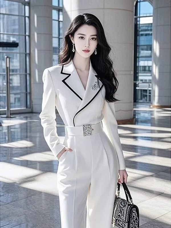 

Женский комбинезон, осенний элегантный комбинезон с поясом, темпераментные брюки с надрезом и длинными рукавами, высокой талией, офисная женская официальная одежда, новинка 2023 года