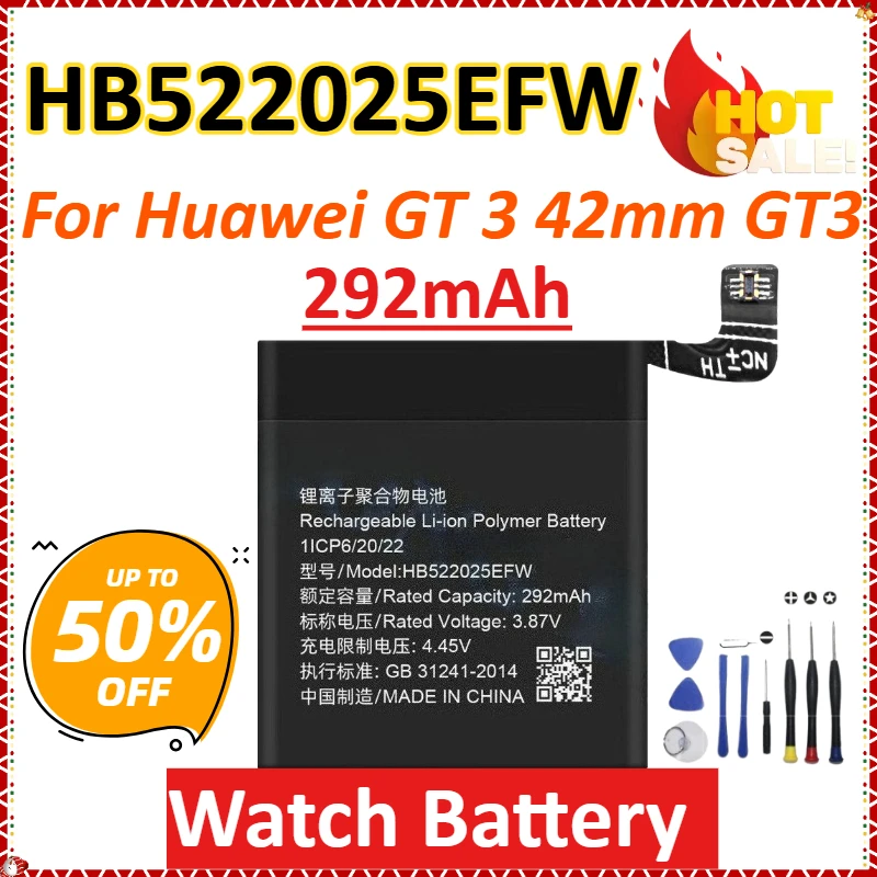 

HB522025EFW 292mAh for Huawei GT 3 42mm GT3 Newly Upgraded Rechargeable High-Capacity Replacement Smart Watch Battery + Tools
