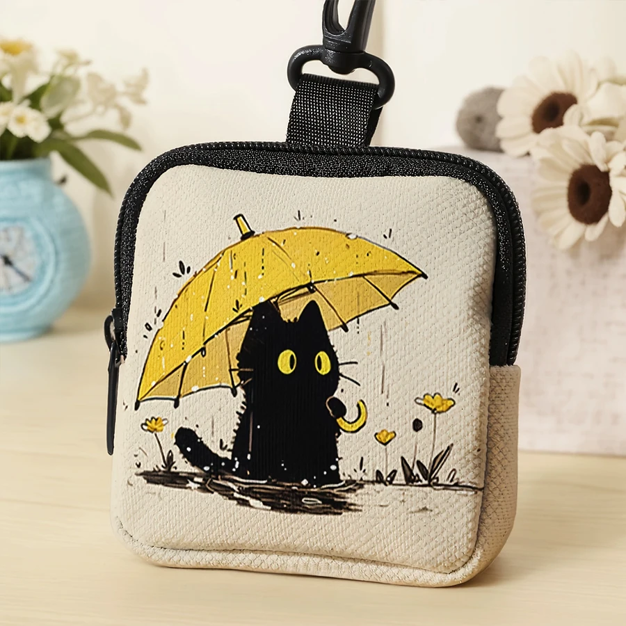 Black Cat Holding an Umbrella Pattern Portable Lightweight Zippered Storage Bag, Sanitary Napkin, Coin, and Earphone Storage Bag, Multifunctional Organizer for Snacks, Candies, and Small Items, Efficient and Practical Storage Tool