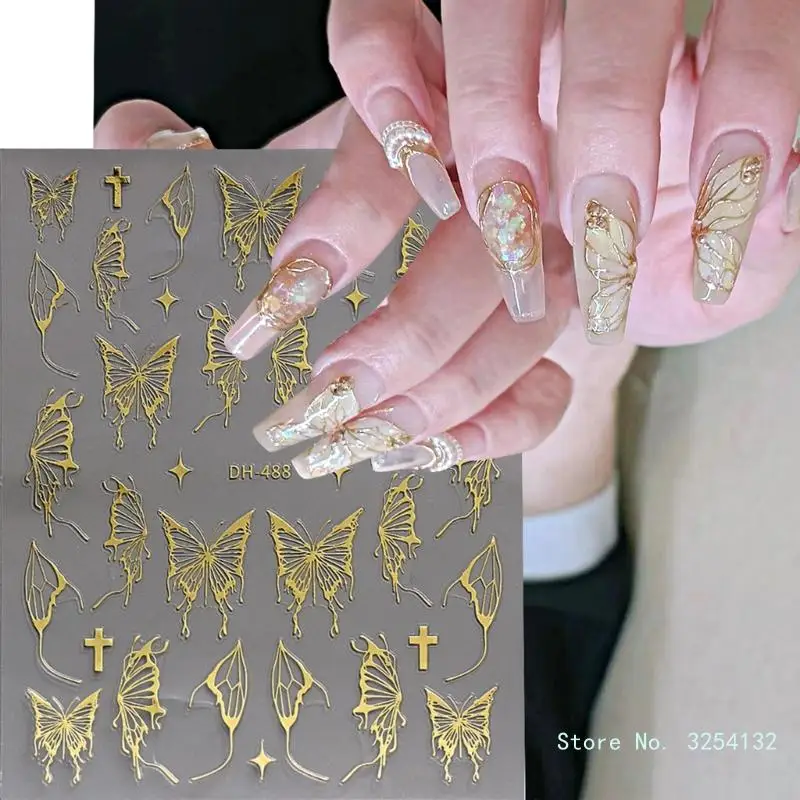 3d borboleta adesivos para manicure, 6 folhas, decalques adesivos, em relevo, dourado, glitter, verão, diy