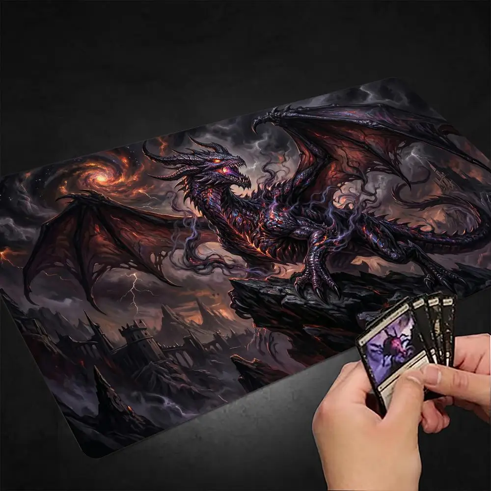 Gothic Black Giant Dragon TCG Playmat Magic Card Mat with Stitched Edge Non-Slip Durable Tabletop Playmat Board Game Mat for TCG