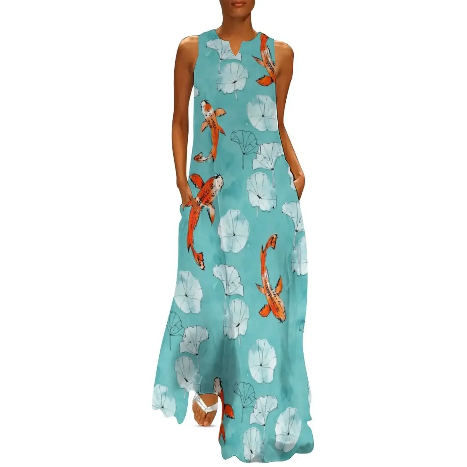

Waterlily koi in turquoise Long Dress Women's summer skirt womens clothing women's luxury party dress dress for women 2025