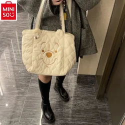 Miniso-Saco de ombro bonito de Winnie Urso para estudante, bolsa de ombro de algodão, casual minimalista, grande capacidade, Disney, moda