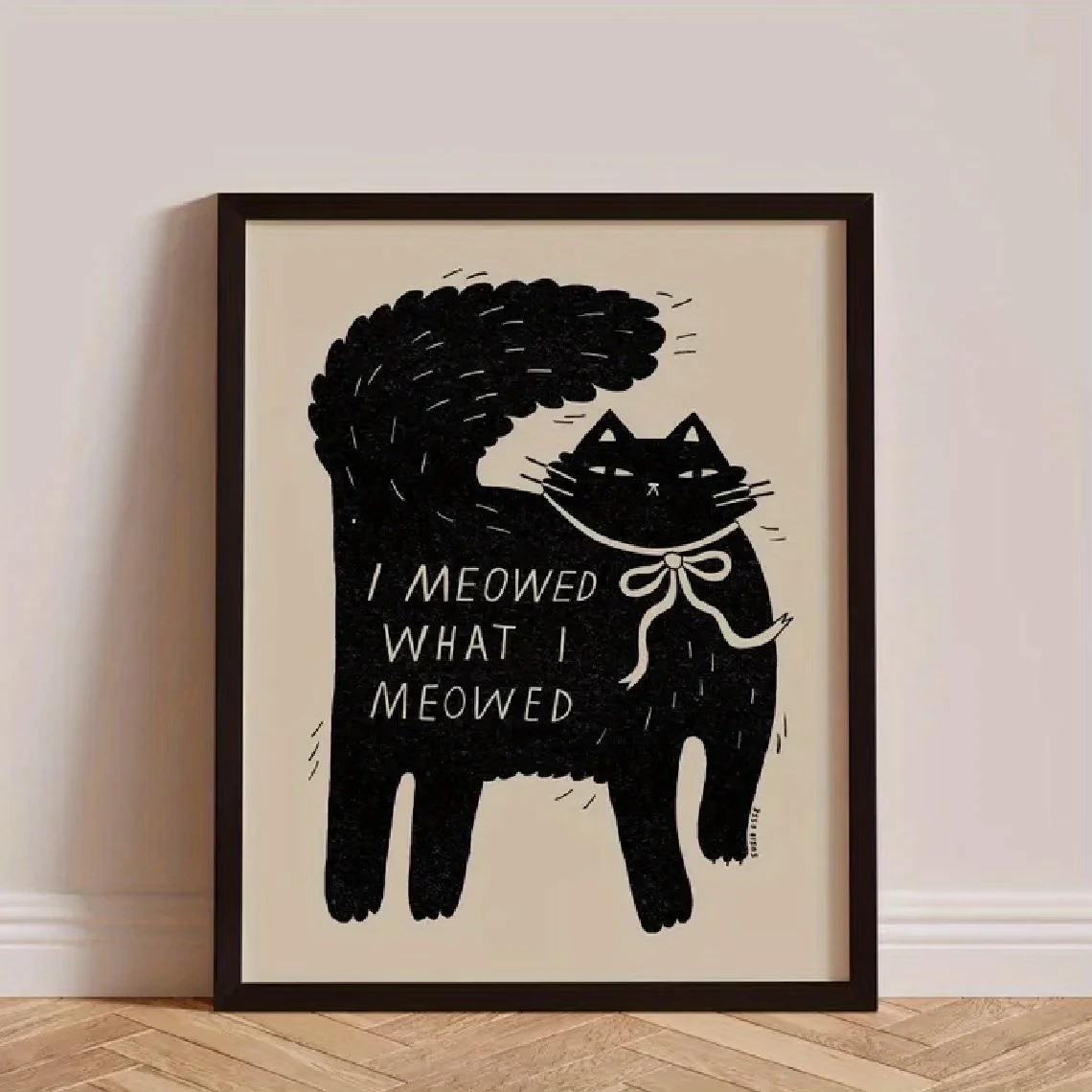 Modern,Retro Cartoon Curly Black Cat Wall Art Print Canvas P