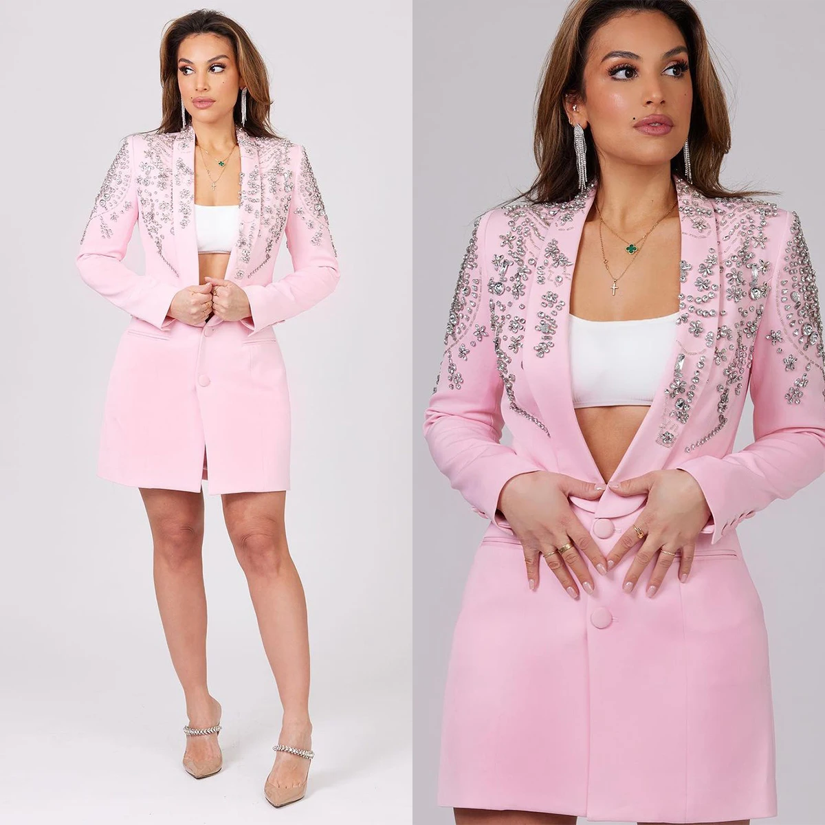 Luxury Pink Beading Women Party Blazer Deep V Neck Above Knee Dress Full Sleeve Crystal 1 Piece Set Coat Gown