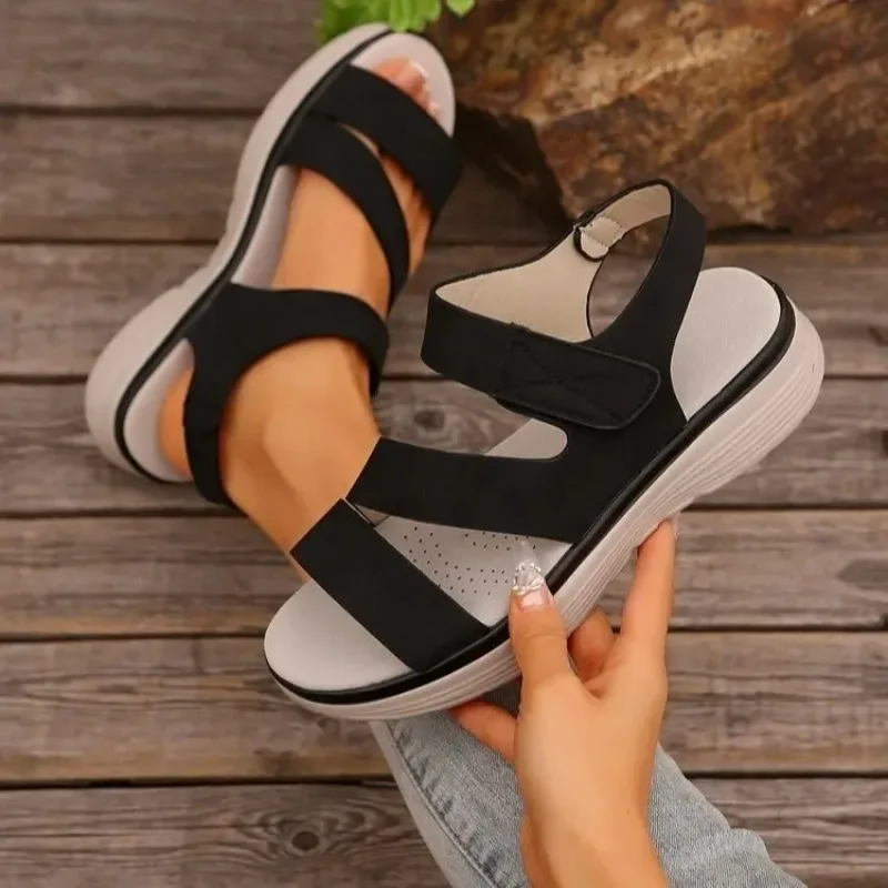 

Women's Thick Heel Sandals Summer 2025 New Slope Heel Flat Bottom Magic Tape Beach Sandals Rubber Upper Comfortable Footwear