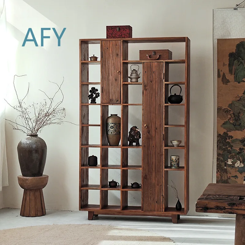 Wabi-sabi Style Solid Wood Bogu Rack for Tea Ceremony for Old Elm Wood Duobaoge Display Cabinet for B&B Designer Tea Room