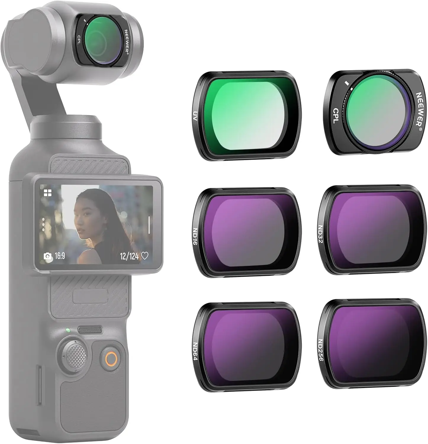 NEEWER Magnetische ND & CPL & Effectfilterset voor DJI OSMO Pocket 3, 14-pack CPL ND8/16/32/64/128/256/1000 ND8/PL ND16/PL ND32/PL