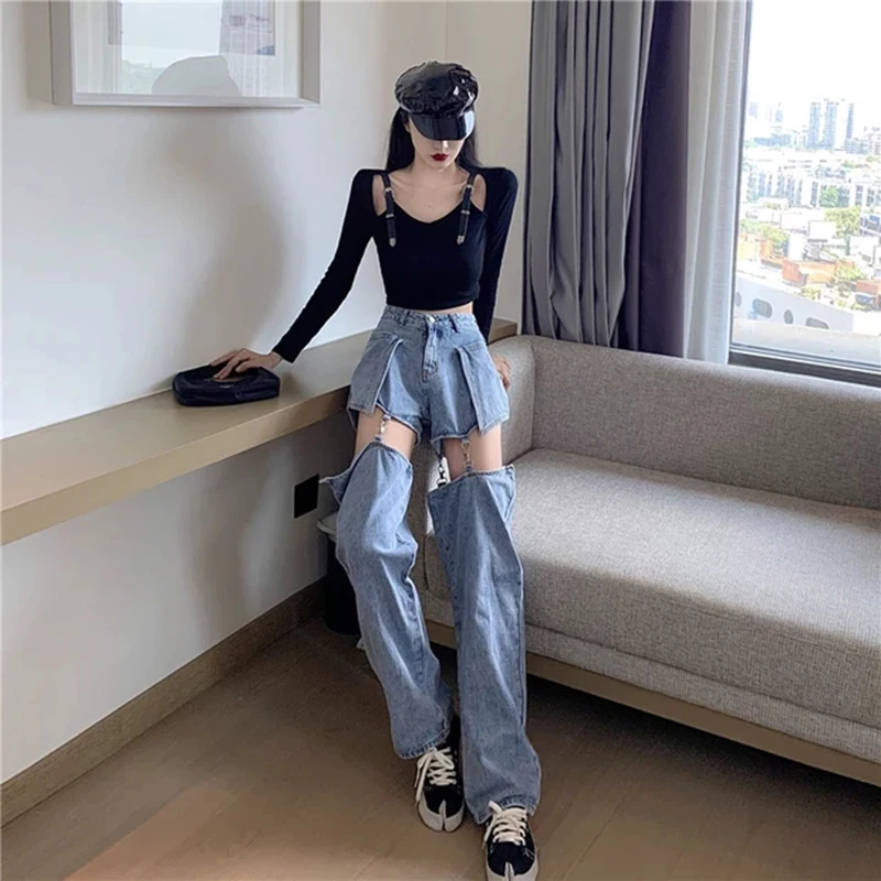 Women Straight Leg Ripped Jeans For Women Fashion Loose Hole Streetwear Women High Waist Pants Hole Denim Trousers