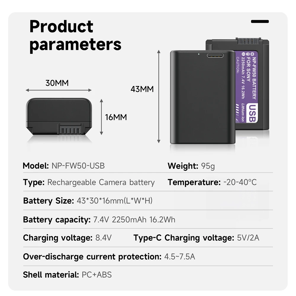 NP-FW50 NPFW50 NP FW50 Bateria z wejściem USB-C dla Sony Alpha A6500 A6300 A6000 A5000 NEX-3 A7 A7RII A7SII A7S ZVE10 Aparaty