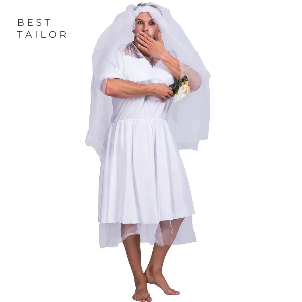 Disfraz de novia blanco divertido para hombre, vestido de novia, traje de noche de fiesta de despedida de soltera, Idea de Halloween, novedad