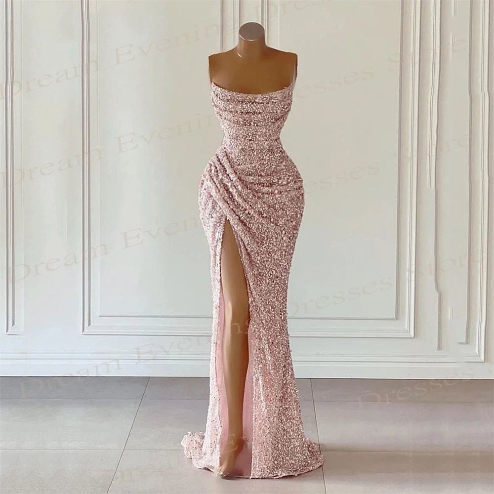 

Generous Pink Mermaid Shiny Glitter Evening Dresses Graceful Strapless Sleeveless Prom Gowns Sexy Side Split Vestidos De Fiesta