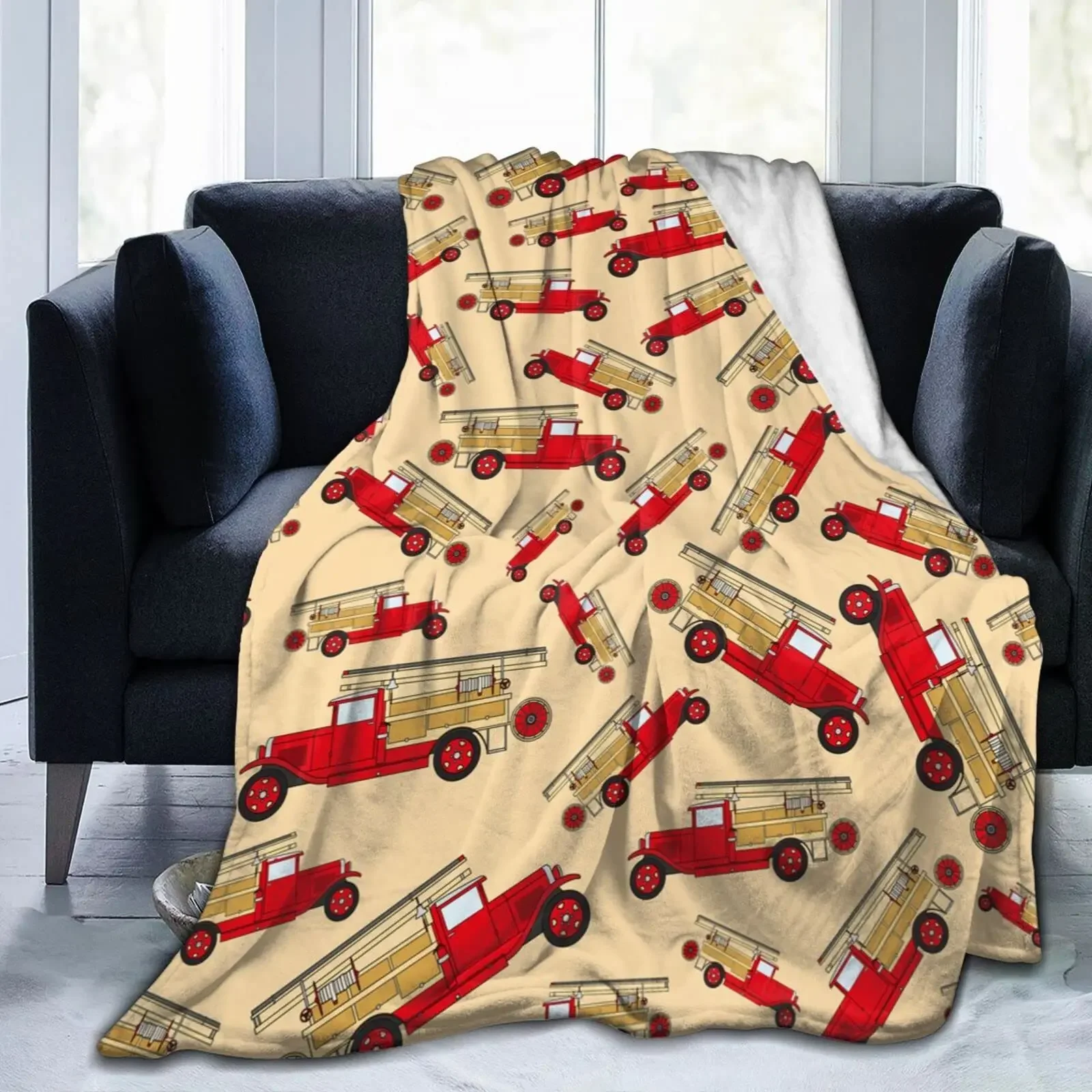 Red Cartoon Fire Truck Car Throw Blanket Fire Fighting Equipment Fire Extinguisher Flannel Blankets for Boys Girls Birthday Gift