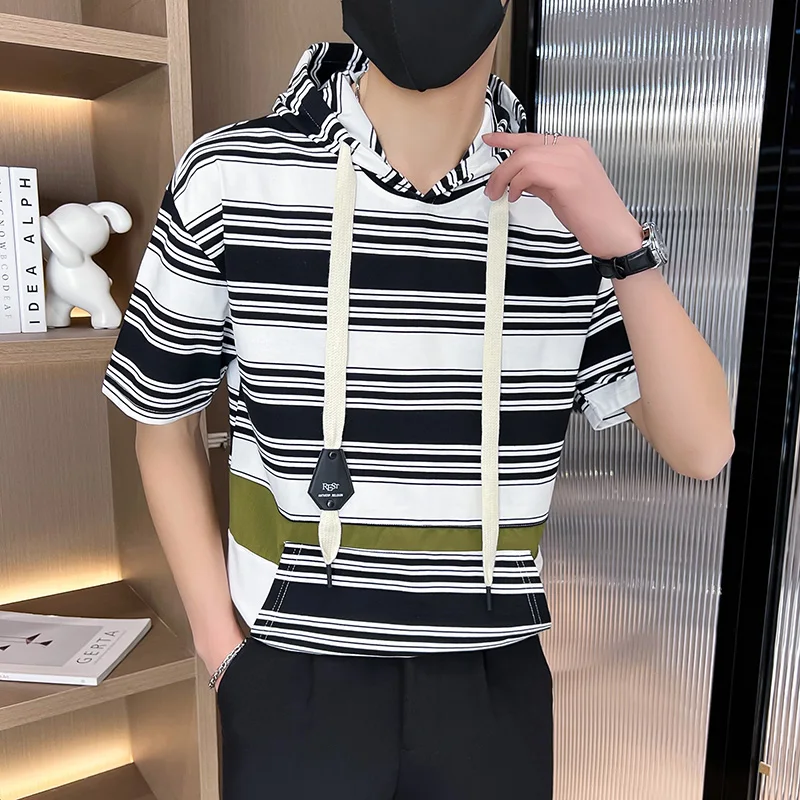 Fashion 2024 Summer Men's Striped Hooded T Shirts Hip Hop Streetwear Loose Short Sleeve Tops Youth Casual Tee-Shirt Fitness Tees