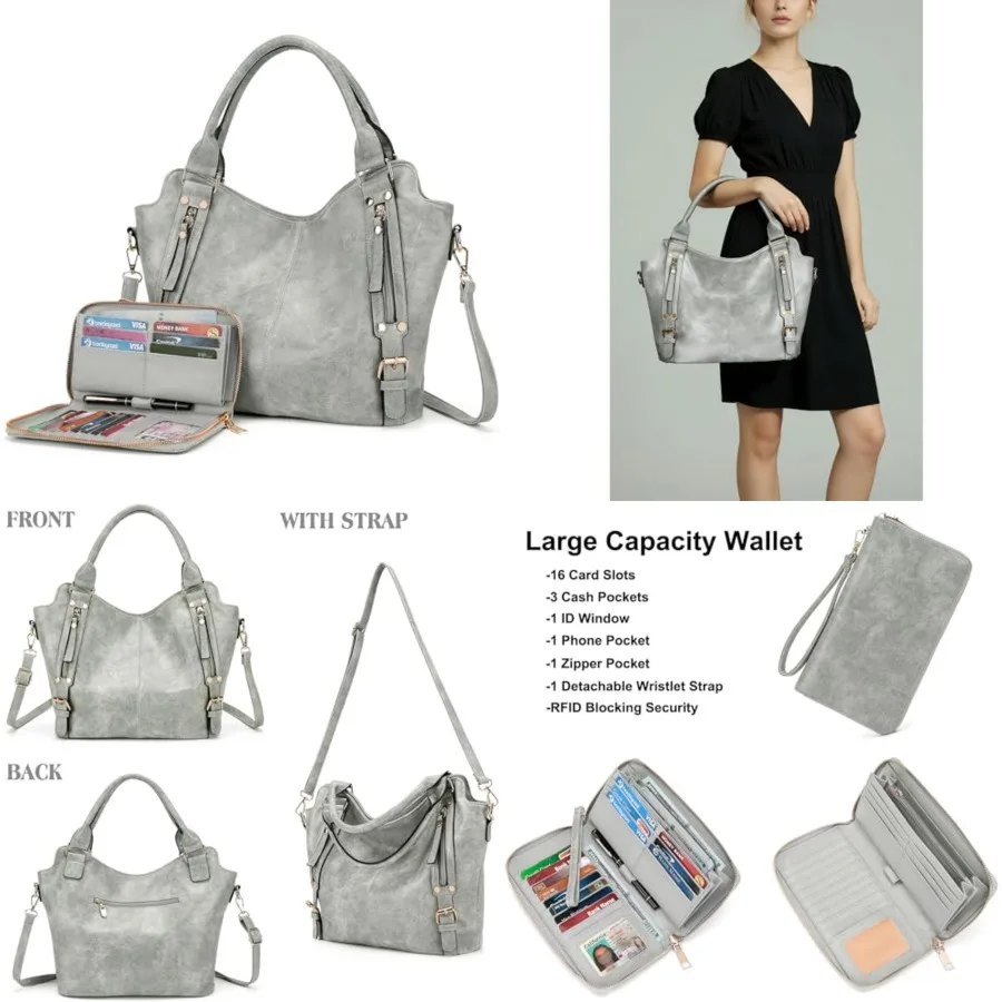 

Crossbody Bags for Women Large Hobo Purse PU Leather Shoulder Handbag Ladies Tote Wallet Set 2PCS