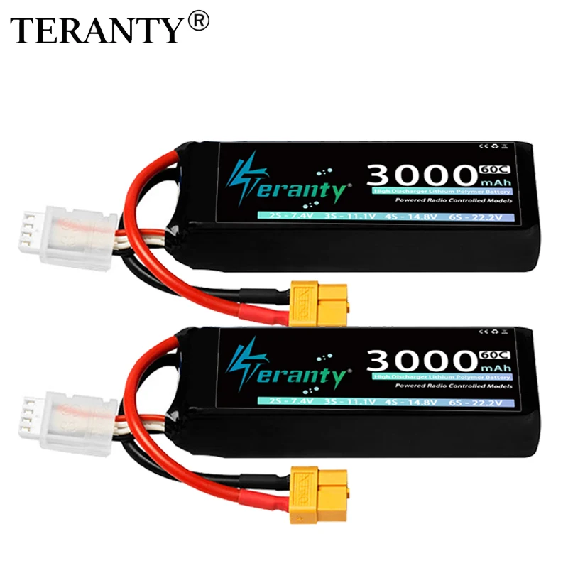 2 Stück TERANTY 11,1V 3000/3300/3600mAh Lipo-Akku 3S 60C mit T/XT60-Stecker für FPV-Drohne, Flugzeug, RC-Auto, LKW, Graphen-Boot