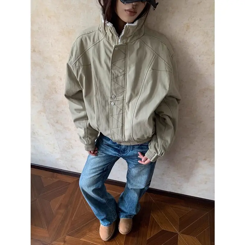 American Stand-up Collar Tooling Jacket Cotton-padded Winter Velvet Short Wide Silhouette Cotton Jacket