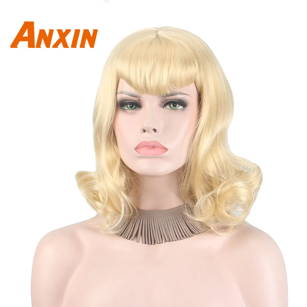 Anxin Blonde Wigs for Black Women Short Culry Hair Bangs Cosplay Festival Widow Movie Singer Theme Party Anime Synthetic Wigs