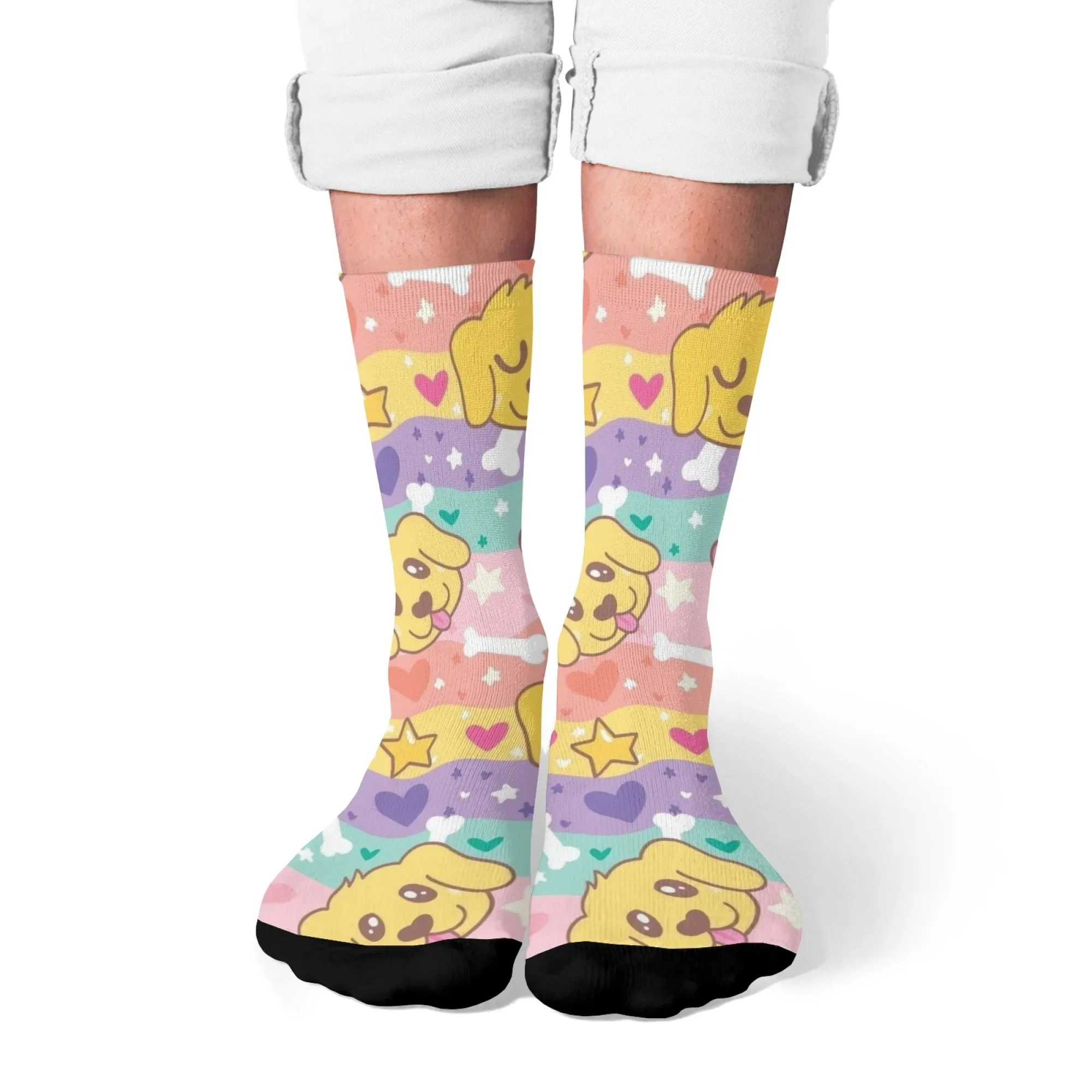 

1 Pair All-Season Crew Socks，Cute Rainbow Dog Pattern Print Polyester, Stocking for Casual Sports & Outdoor ，Men & Women