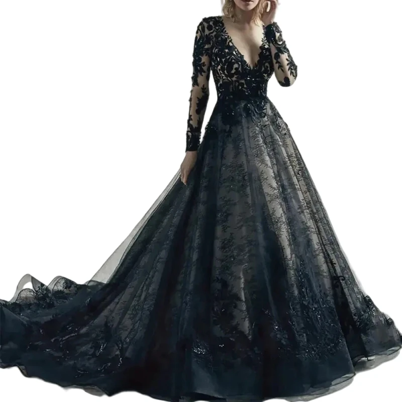 Schwarze Gothic-Brautkleider, Spitzenapplikation, V-Ausschnitt, lange Ärmel, A-Linie, Brautkleider, individuell gestaltet