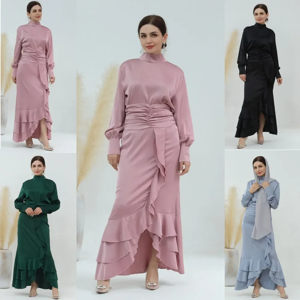 Satin Muslim Women Ruffles Long Sleeve Tops Skirt 2 Pieces Set Dubai Abaya Kaftan Islamic Clothing Robe Eid Turkey Dress Outfits