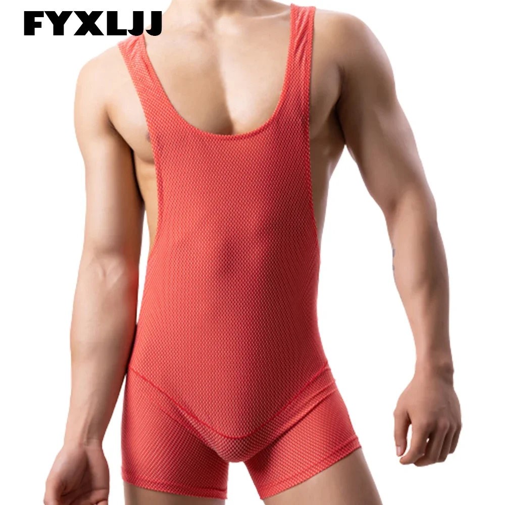 

FYXLJJ Men Rompers Pajamas Solid Color Sleeveless Leotard Wrestling Singlet Bodysuit Sexy Athletic Boxershorts Romper Undershirt