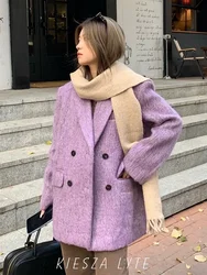 Fashionable streets of Paris 2024 New Winter Women Wool Blend Coat Korean Style Loose Purple Casual Overcoat Office Suit Jacket