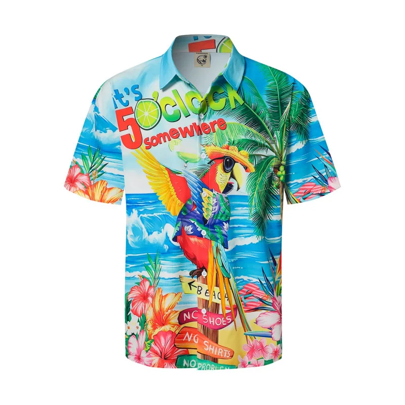 

Рубашка с коротким рукавом и принтом тропических попугаев, повседневный свободный топ в гавайском стиле для пляжного отдыха, мужская мода