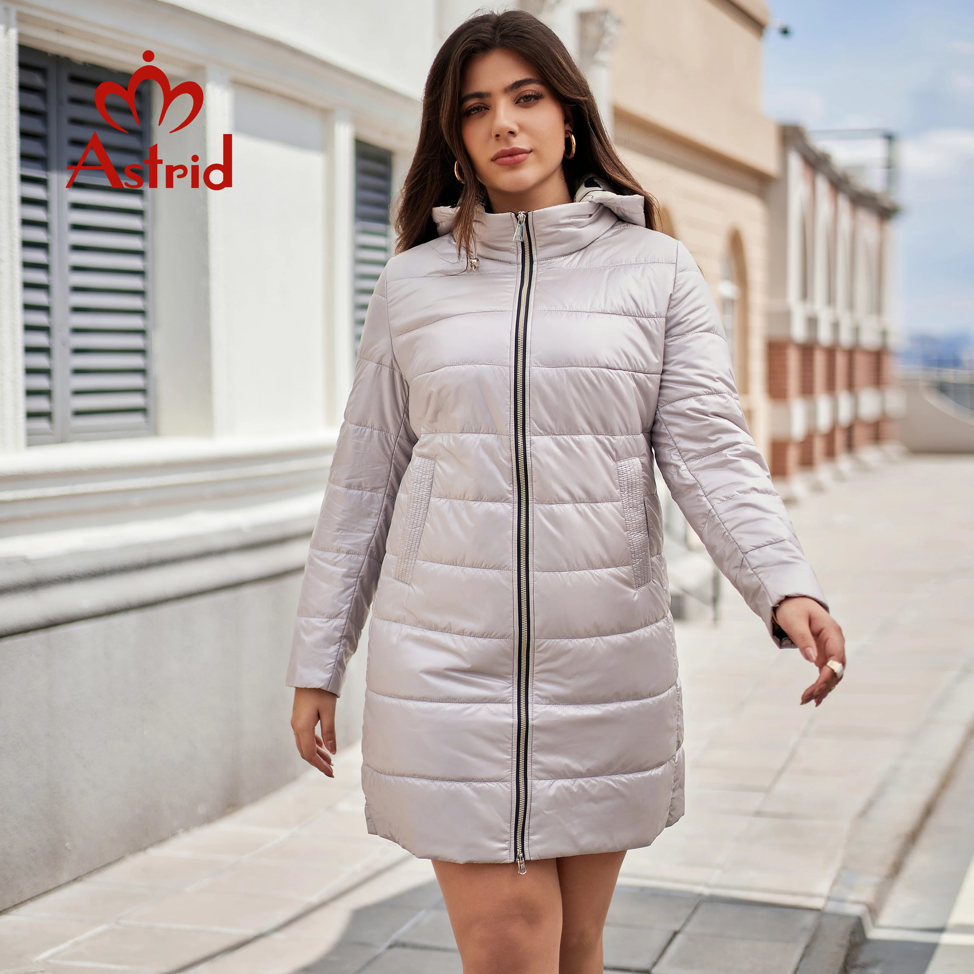 Astrid Damska jesienno-zimowa parka Plus Size Odzież damska Długa wyściółka Ciepły kaptur Damska pikowana kurtka Lady New In Coats 10569