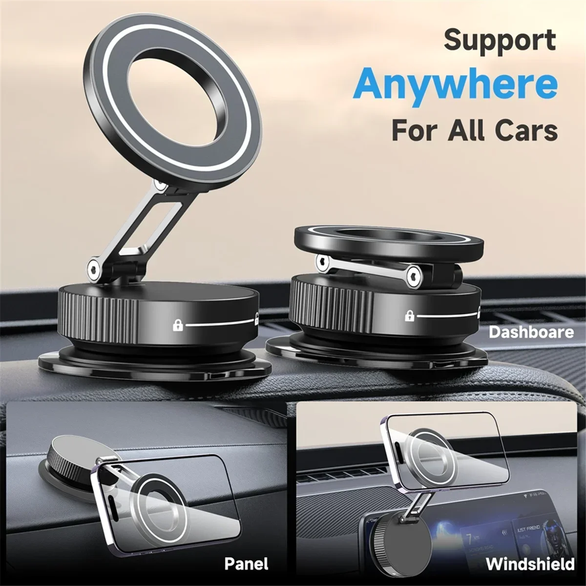 

TenYua Car Mount Vacuum Magnetic Holder Foldable Strong Suction Stand with Metal Hinges for Cell Phone Silver