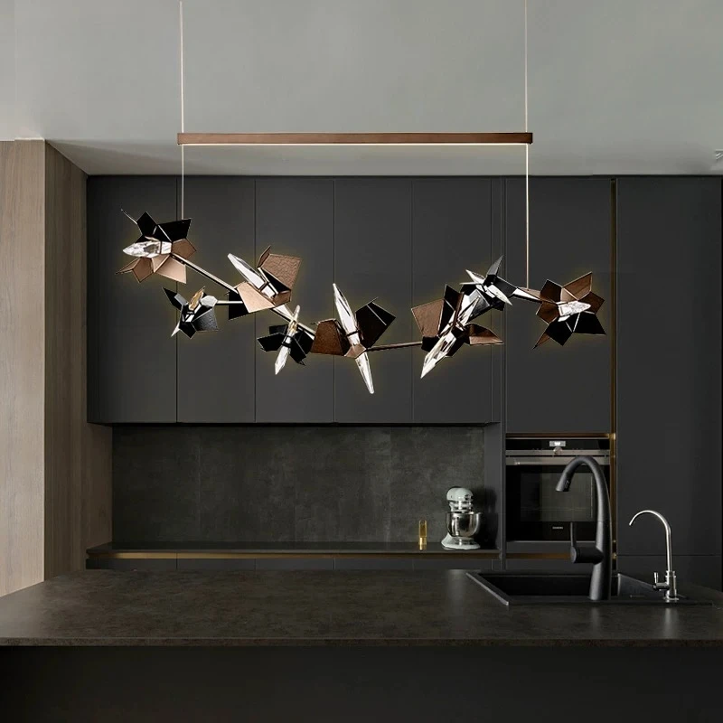 Light Luxury Origami Bird Shaped Linear Chandelier Modern LED Pendant Light with Crystal Elements Black Gold Frame Ceiling Lam