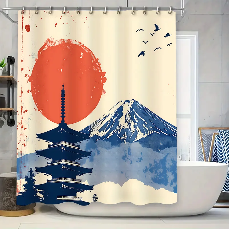

Японский стиль Fuji Mountain Pattern Водонепроницаемая подвесная занавеска для ванной комнаты с защитой от плесени для стильного обновления дома