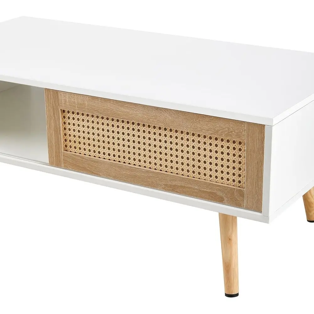 Modern White Rattan Storage Coffee Table with Wooden Sliding Door and Solid Legs for Living Room