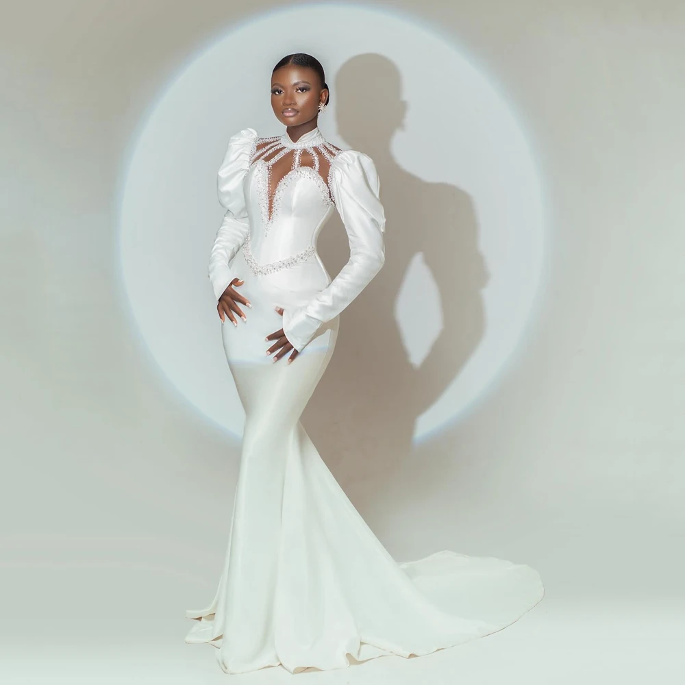 Angepasst Heißer Verkauf Afrikanische Hochzeit Kleid Perlen Meerjungfrau Puff Langen Ärmeln High Neck Sweep Zug Braut Kleider vestidos de novia