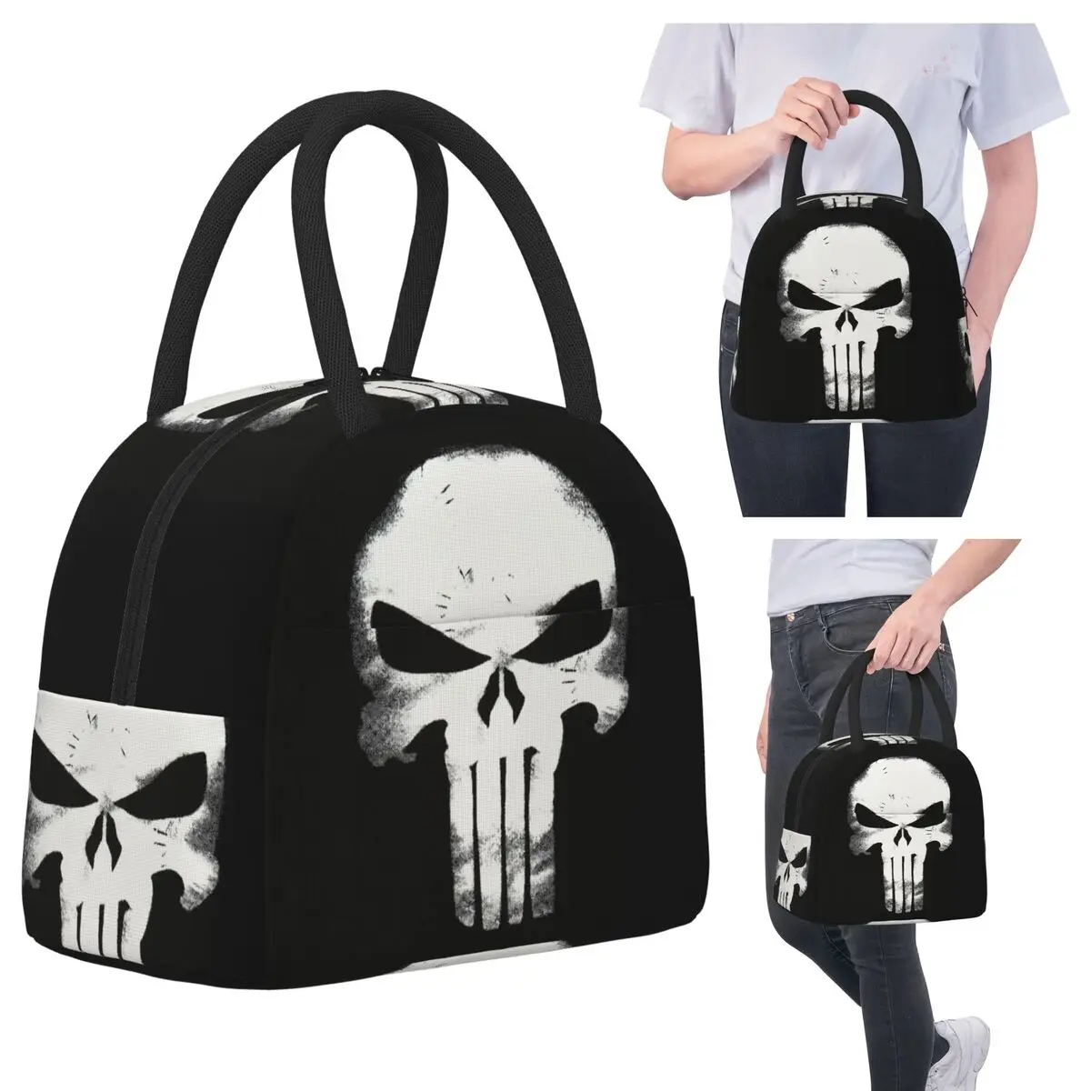 

Тяжелый металл Скелет Череп Каратели Сумки для обеда Изолированная коробка для бенто Портативная сумка для обеда Герметичные сумки для пикника Сумка-холодильник