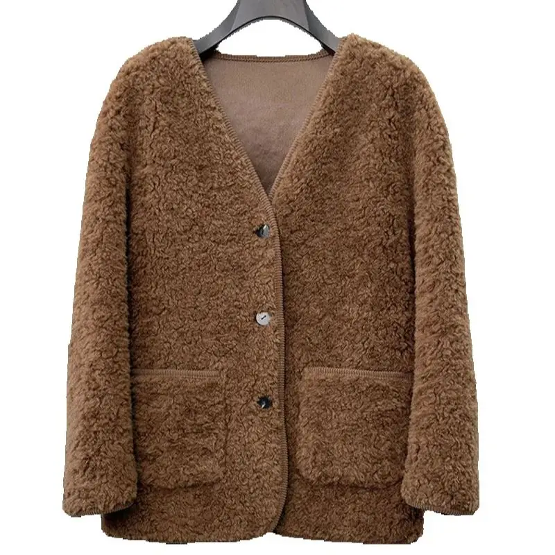 Australischer 100-Lammfellmantel 2025 Winter neuer Stil Pelz integrierter Pelz Damen mittellanger Schaffellschnitt V-Ausschnitt